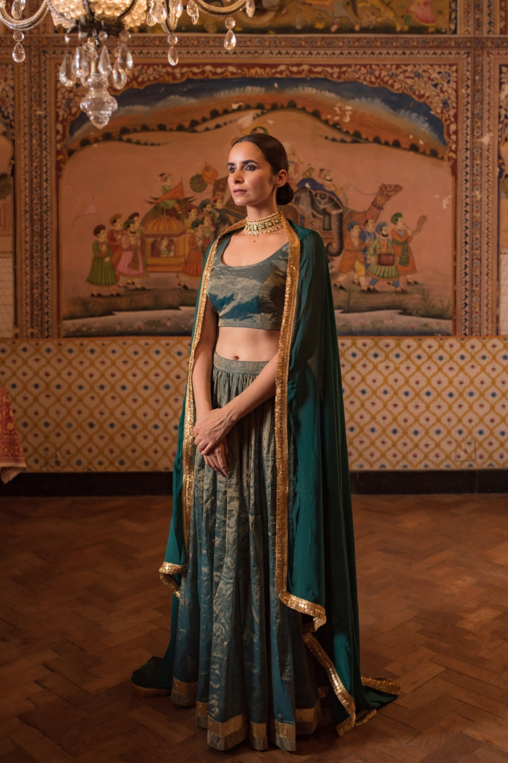 Pramsu- Teal Silk Chanderi Tissue Lehenga