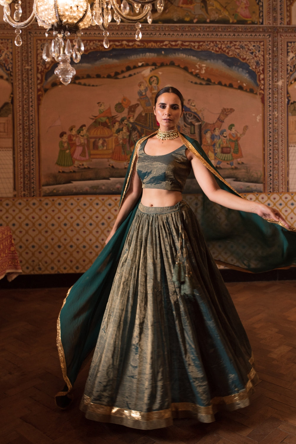 Pramsu- Teal Silk Chanderi Tissue Lehenga