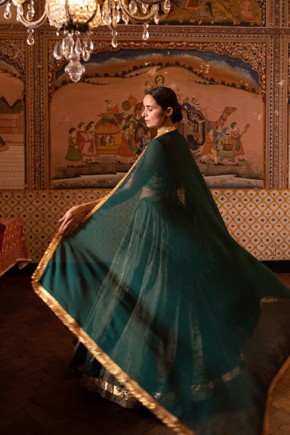 Pramsu- Teal Silk Chanderi Tissue Lehenga