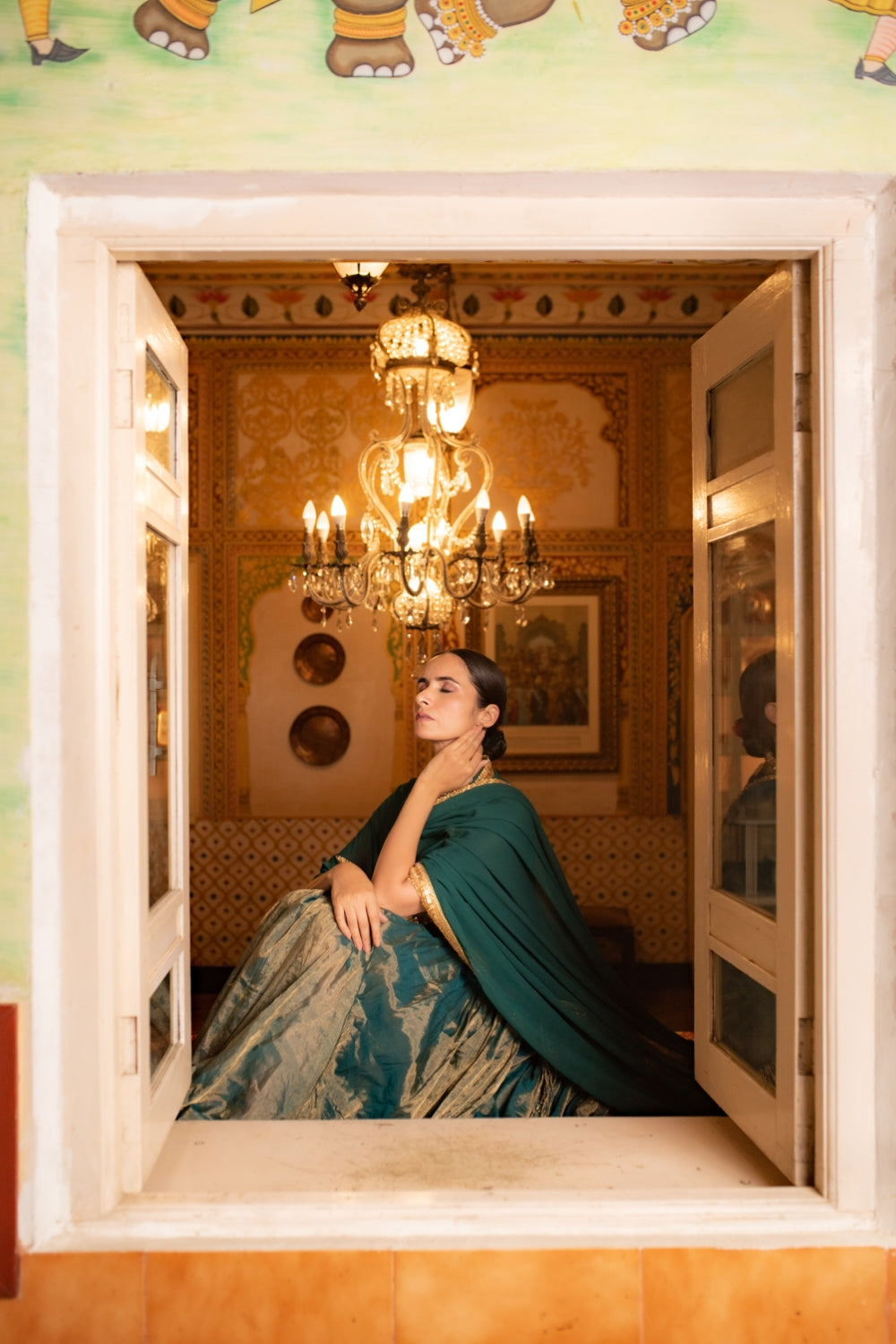 Pramsu- Teal Silk Chanderi Tissue Lehenga