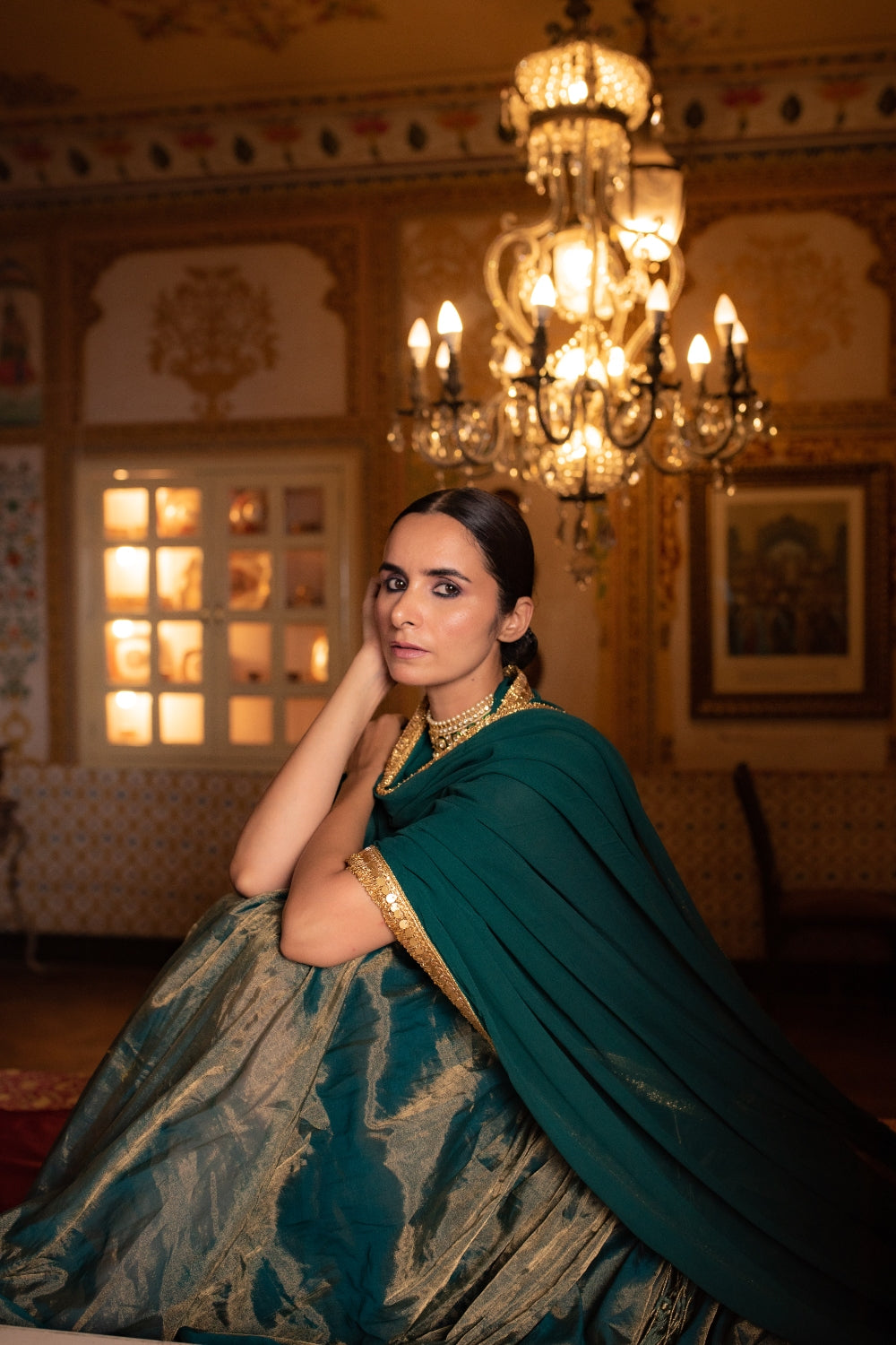 Pramsu- Teal Silk Chanderi Tissue Lehenga