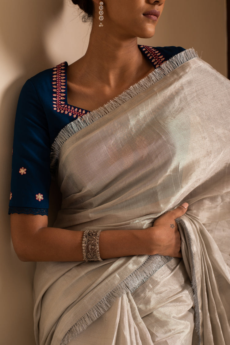 Alisha- Silver Silk Chanderi Tissue Saree