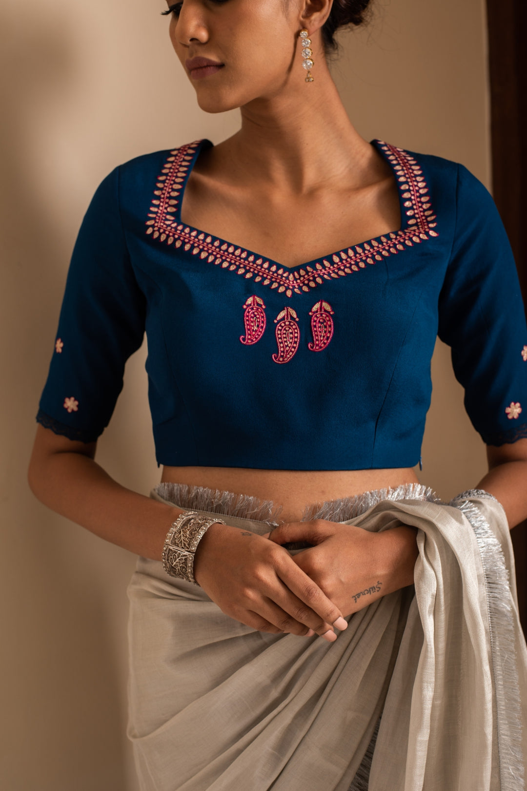 Sov- Navy Blue Silk Hand Embroidered Blouse