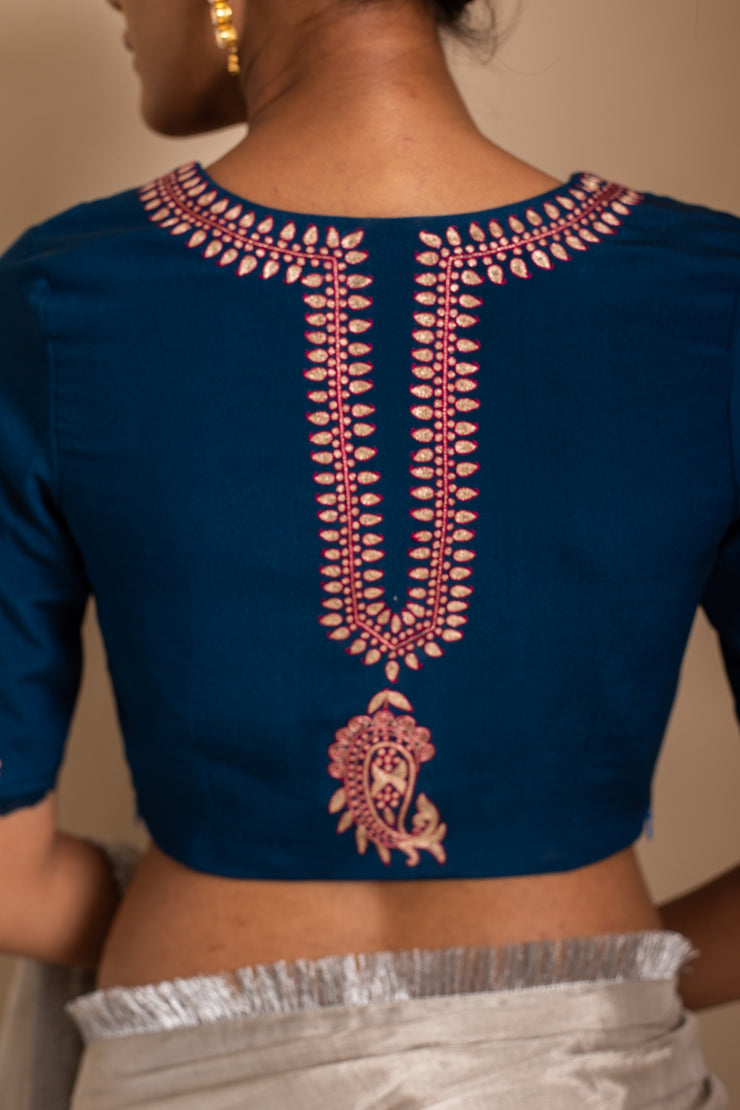 Sov- Navy Blue Silk Hand Embroidered Blouse