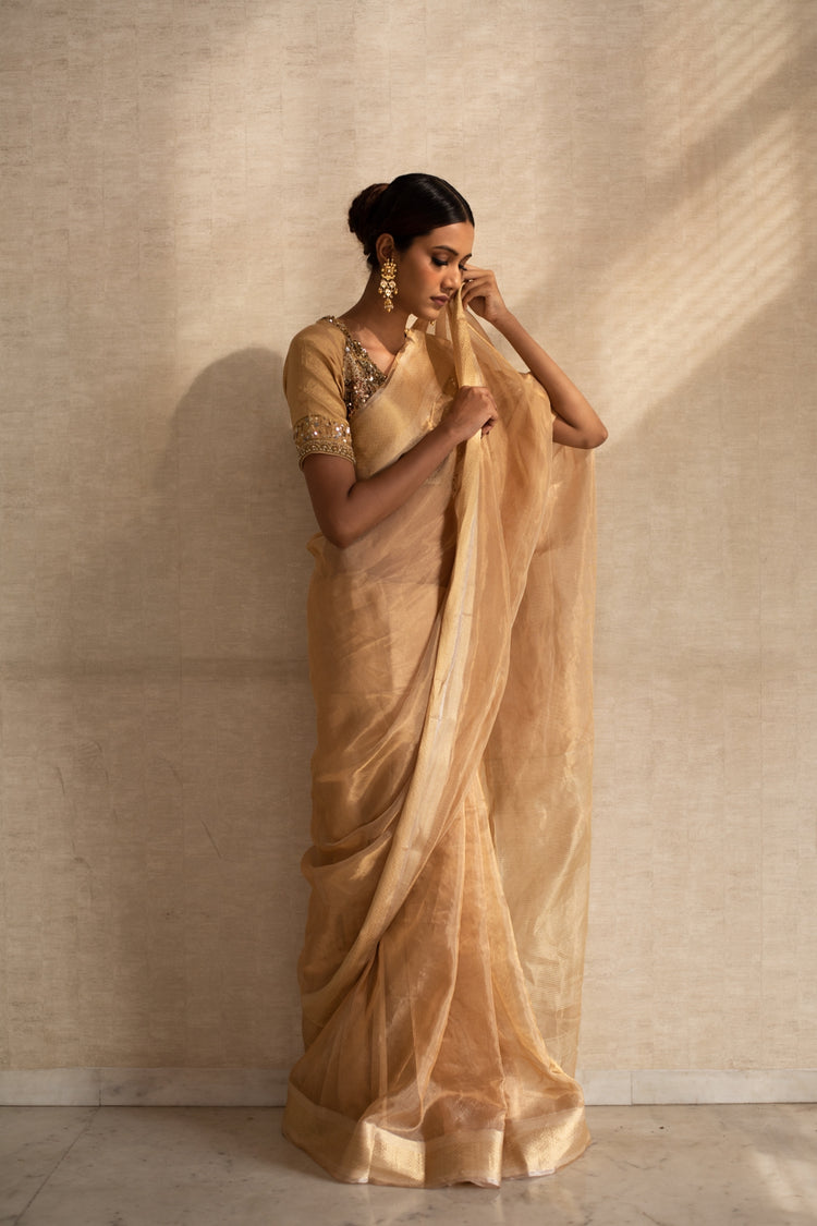 VITI- Gold Silk Tissue Maheshwari Saree