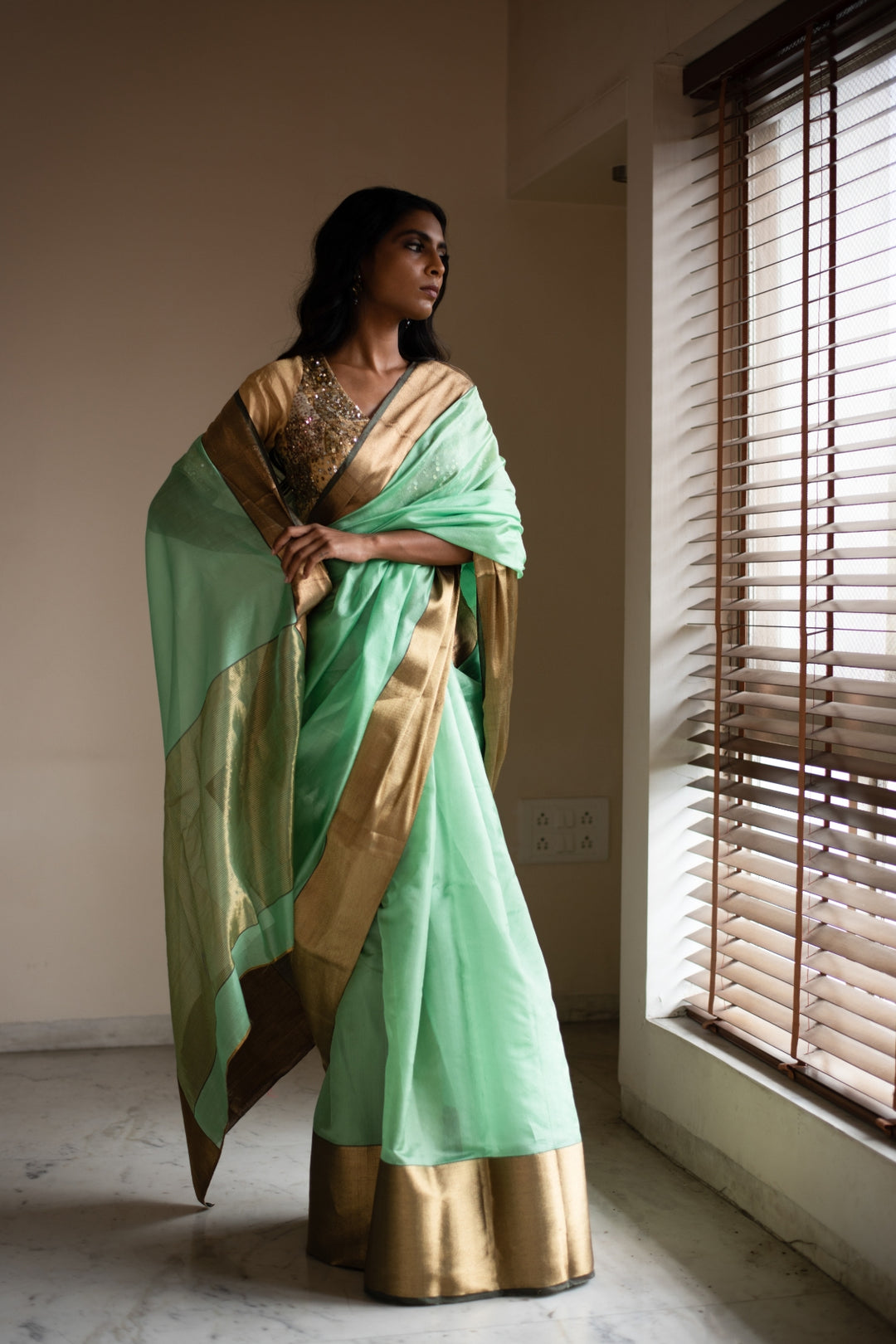 LOPA (AQUAMARINE)- Aquamarine Silk Chanderi Saree