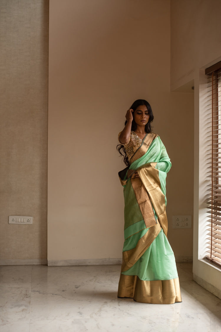 LOPA (GREEN)- Green Silk Chanderi Saree