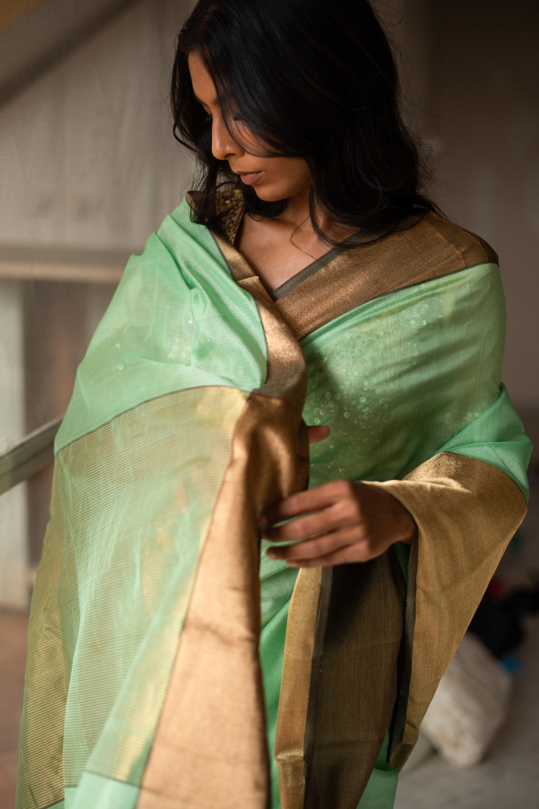 LOPA (GREEN)- Green Silk Chanderi Saree