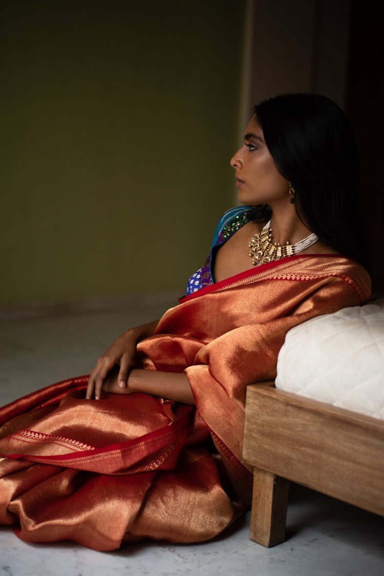 KYLEE- Red Silk Chanderi Textured Saree