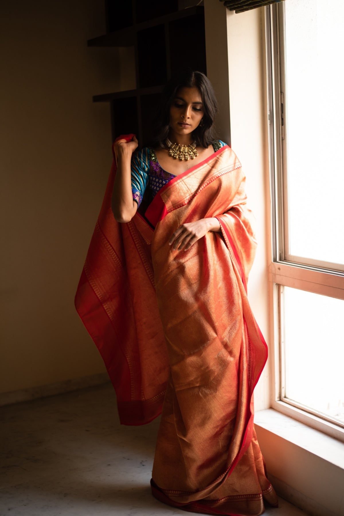 KYLEE- Red Silk Chanderi Textured Saree