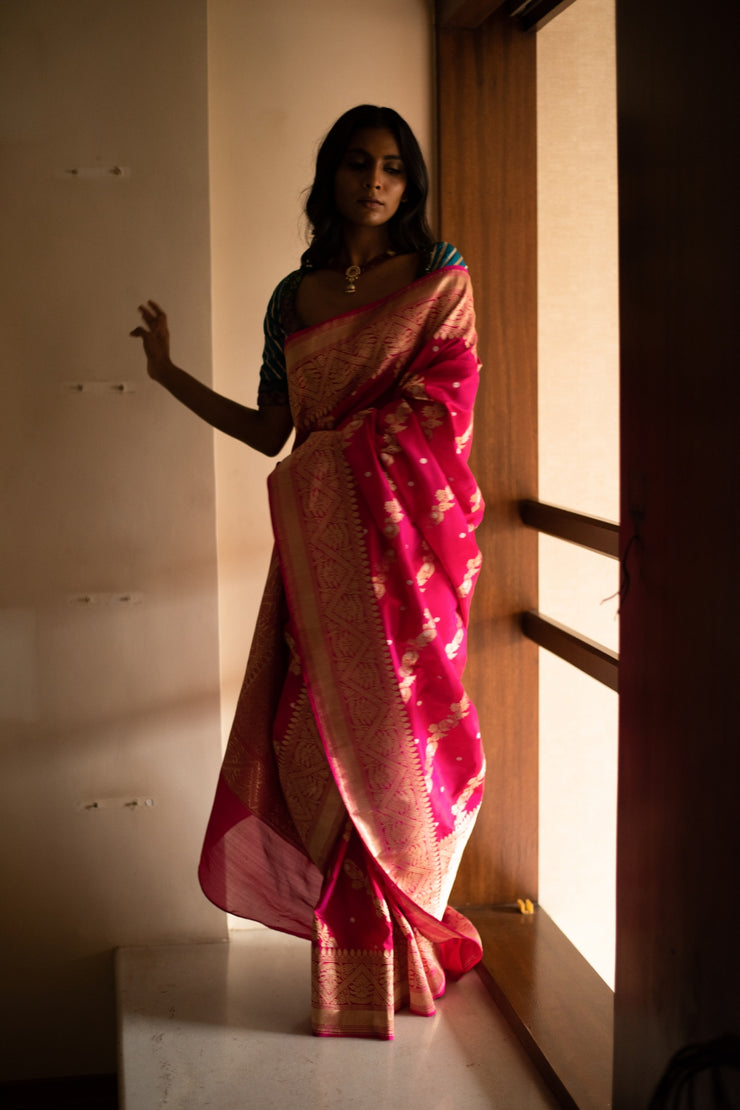 Mehal- Indian Pink Silk Banarasi Saree