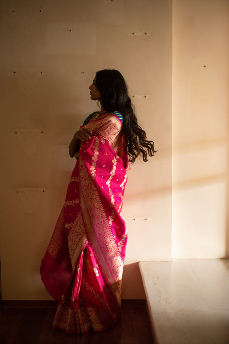 Mehal- Indian Pink Silk Banarasi Saree