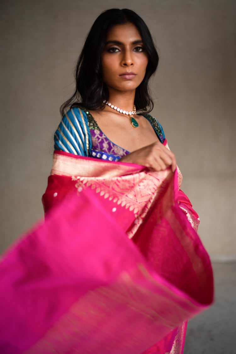 Mehal- Indian Pink Silk Banarasi Saree