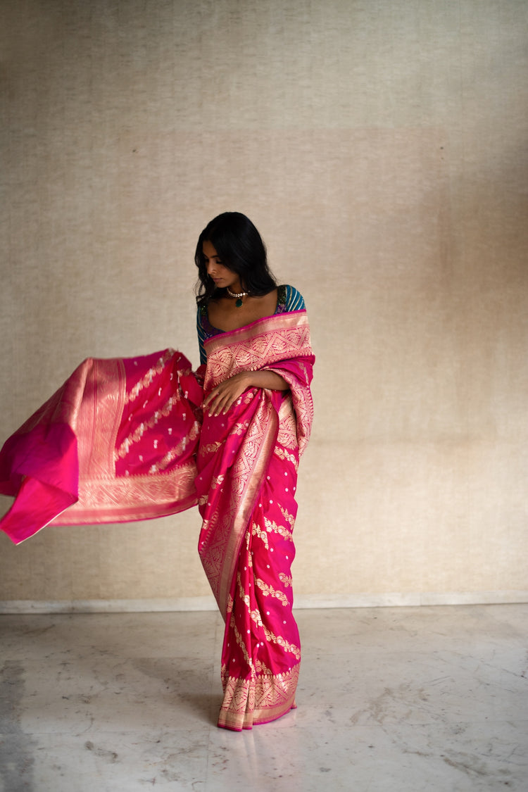 Mehal- Indian Pink Silk Banarasi Saree