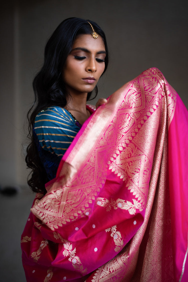 Mehal- Indian Pink Silk Banarasi Saree