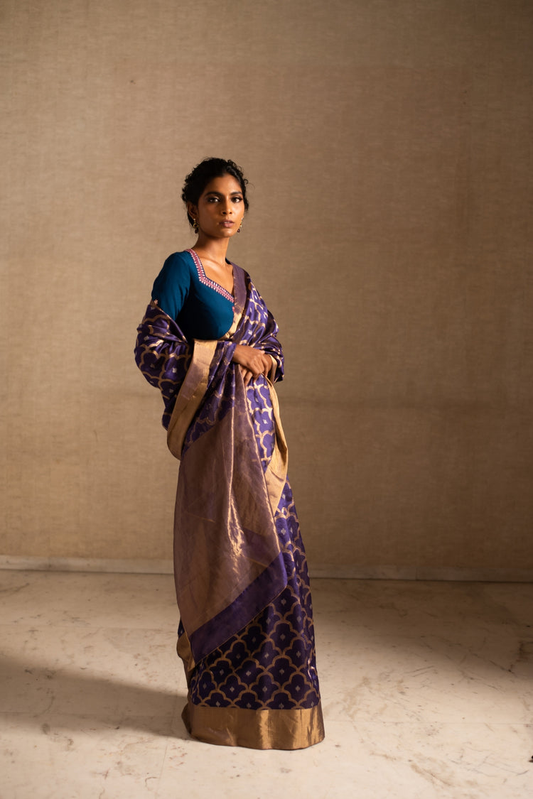 ENYA- Blue Purple Silk Chanderi Saree