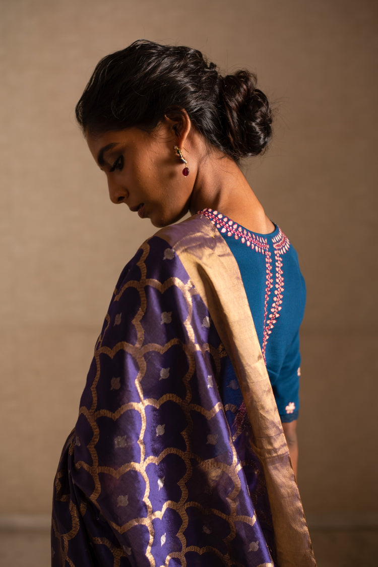 ENYA- Blue Purple Silk Chanderi Saree