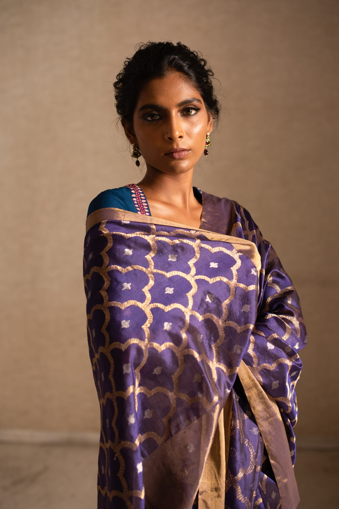 ENYA- Blue Purple Silk Chanderi Saree