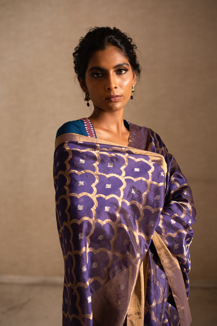 ENYA- Blue Purple Silk Chanderi Saree