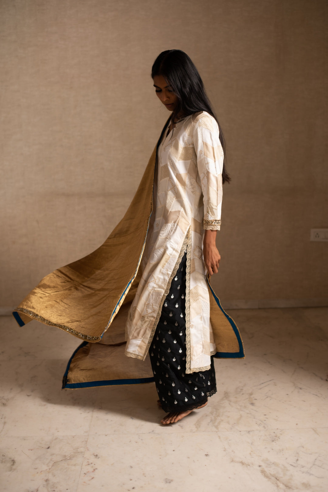 Aabha- Gold Silk Chanderi Tissue Upcycled Patchwork Dupatta