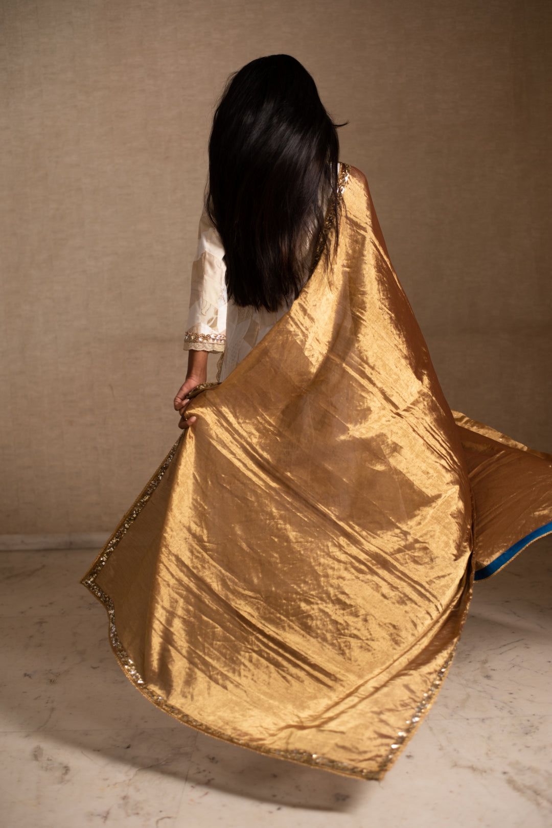 Aabha- Gold Silk Chanderi Tissue Upcycled Patchwork Dupatta