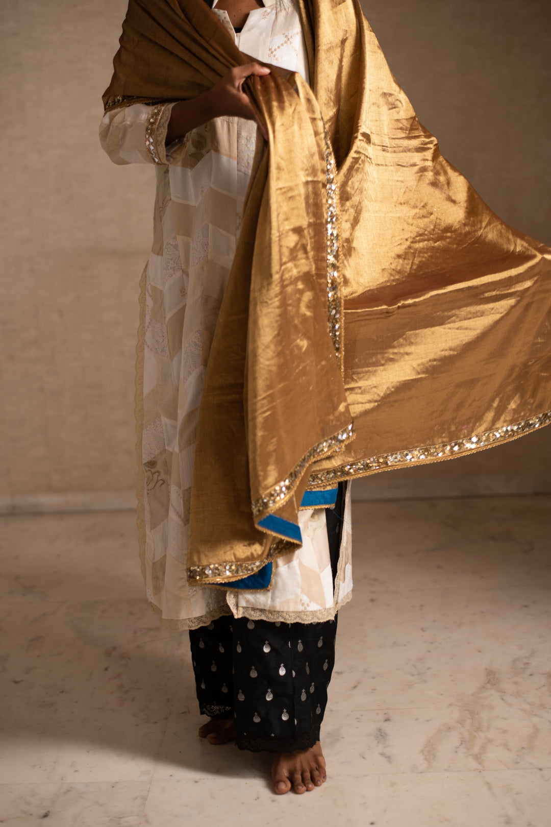 Aabha- Gold Silk Chanderi Tissue Upcycled Patchwork Dupatta