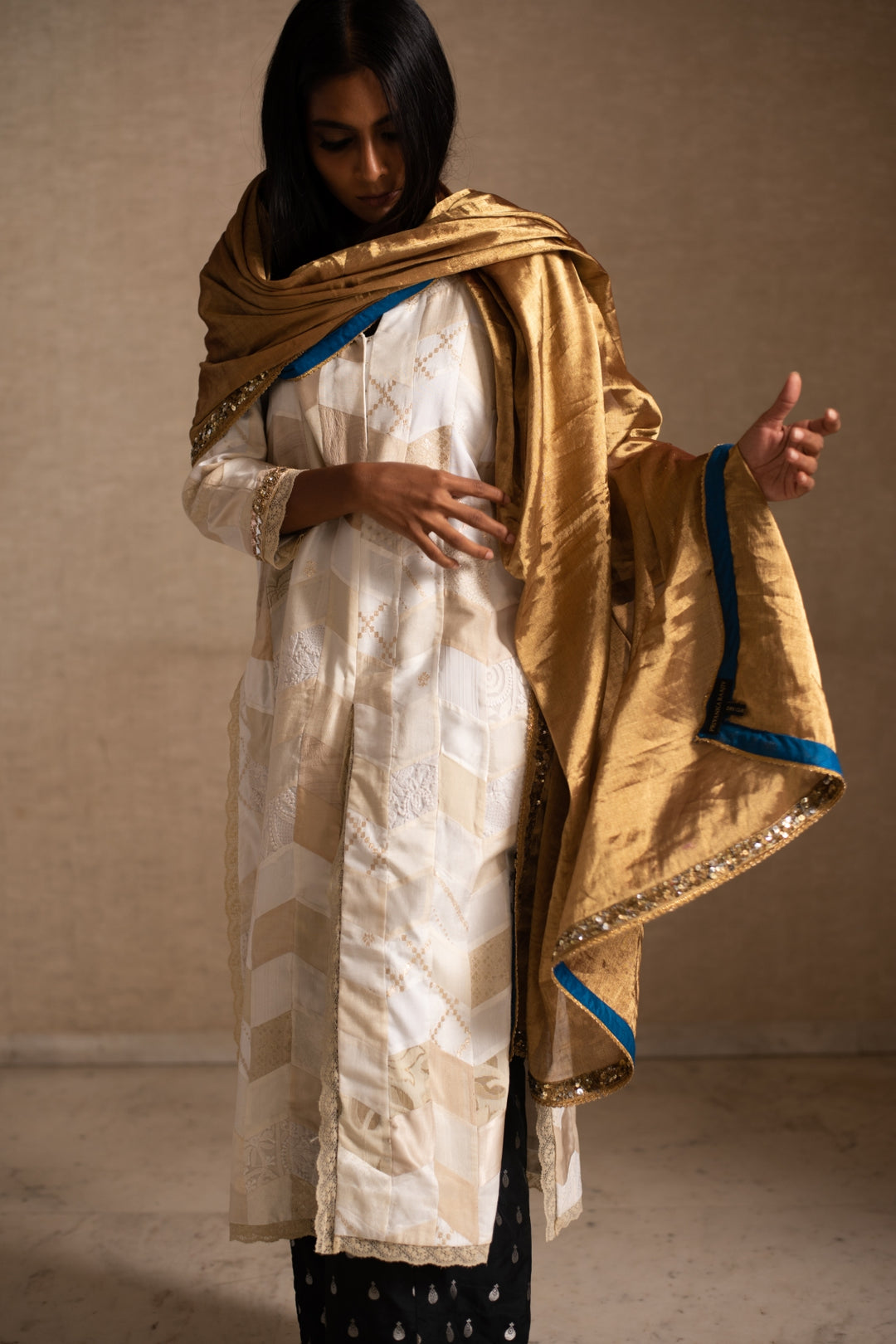 Aabha- Gold Silk Chanderi Tissue Upcycled Patchwork Dupatta