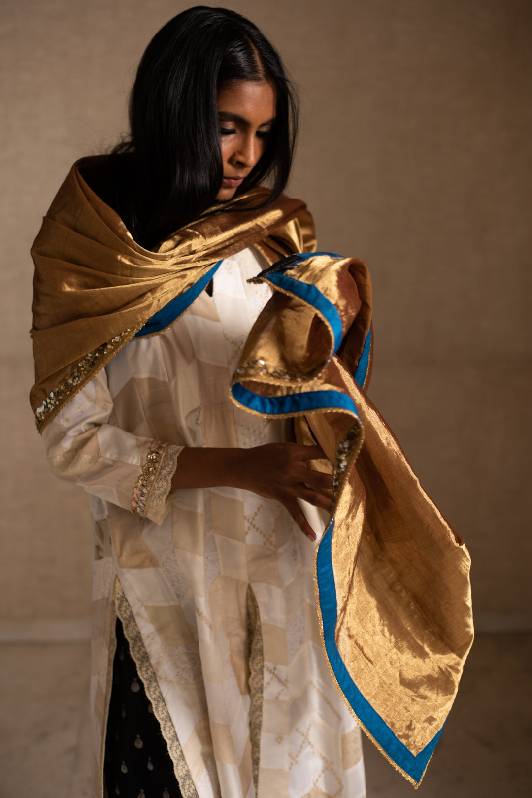 Aabha- Gold Silk Chanderi Tissue Upcycled Patchwork Dupatta