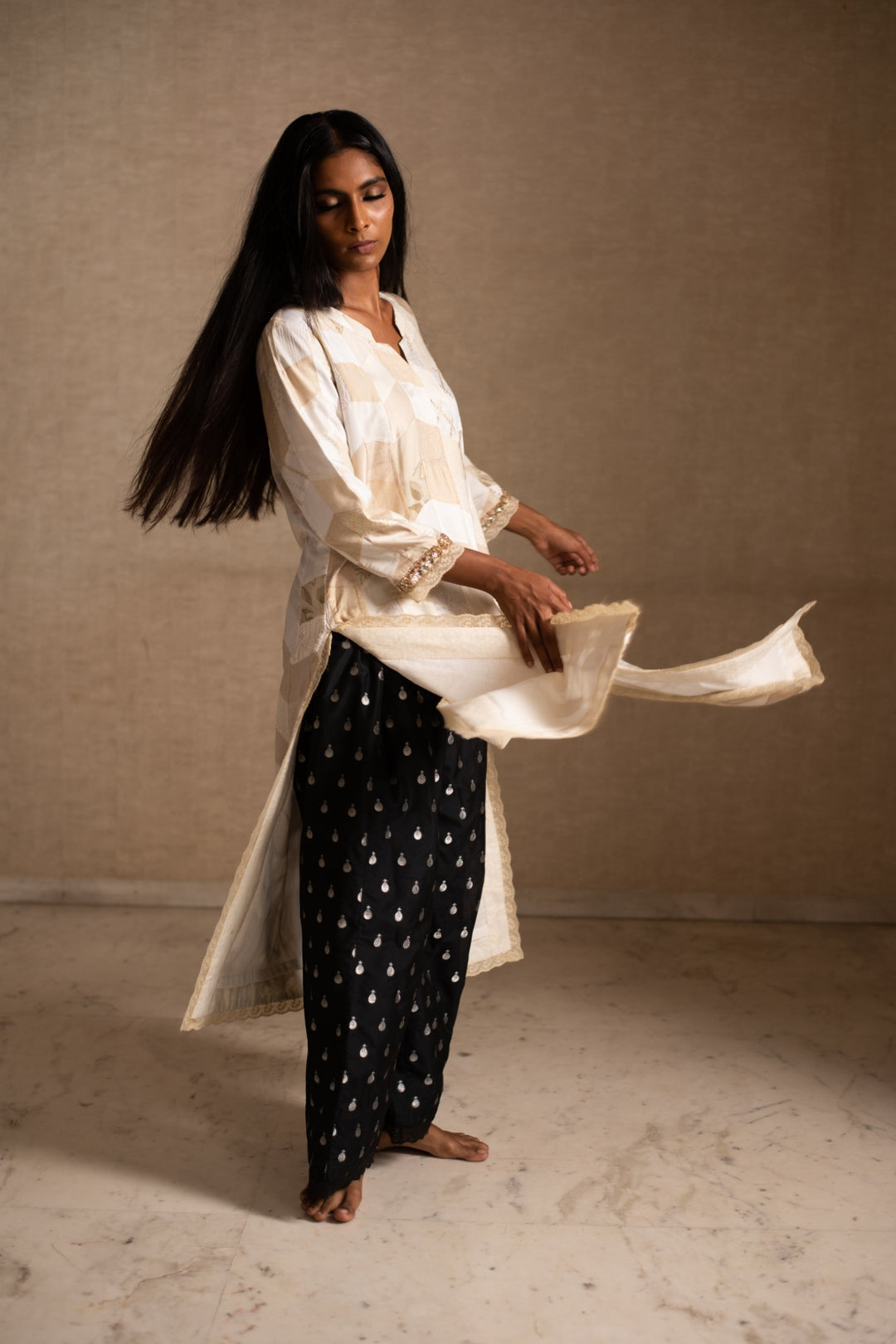 Adia, Anaya & Aabha - Ivory Upcycled Patchwork Kurta with Palazzo and Dupatta