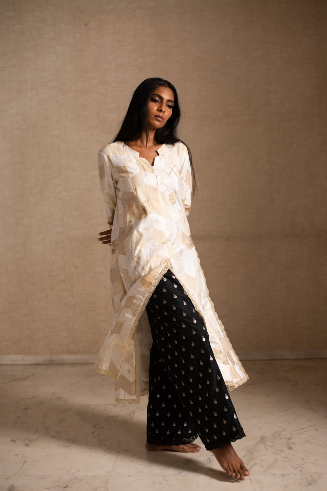 Adia, Anaya & Aabha - Ivory Upcycled Patchwork Kurta with Palazzo and Dupatta