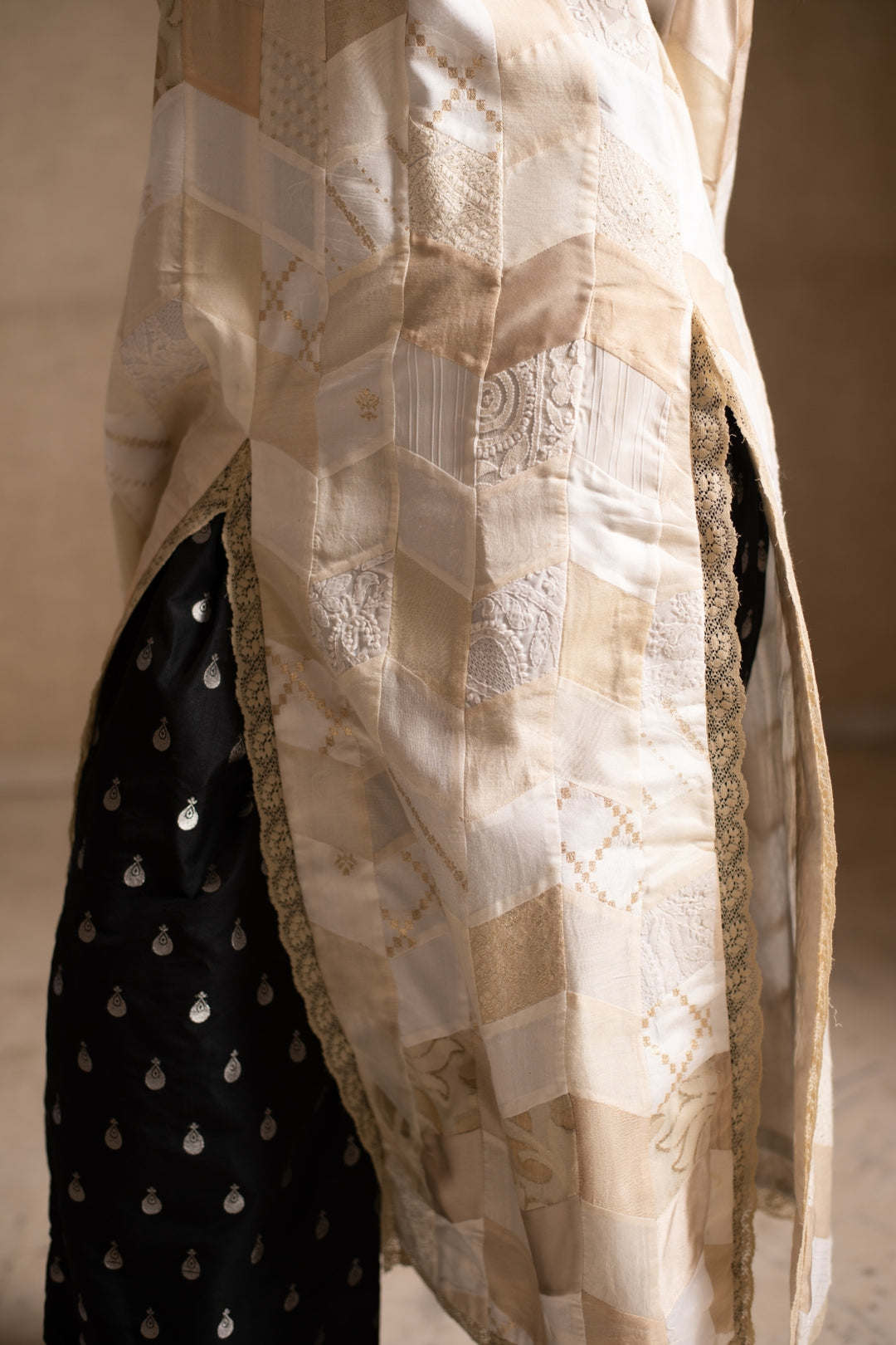 Adia, Anaya & Aabha - Ivory Upcycled Patchwork Kurta with Palazzo and Dupatta