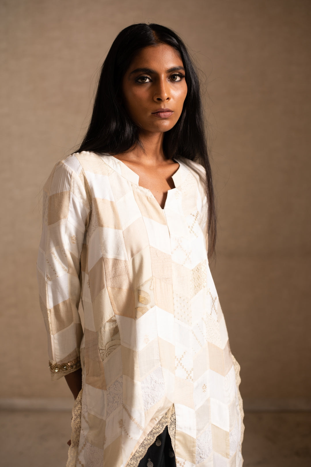 Adia, Anaya & Aabha - Ivory Upcycled Patchwork Kurta with Palazzo and Dupatta