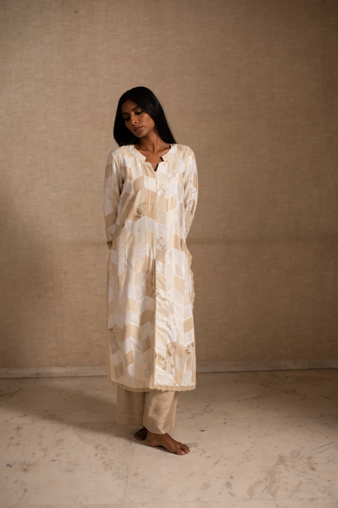 Adia & Benaj - Ivory Upcycled Patchwork Kurta with Silk Palazzo