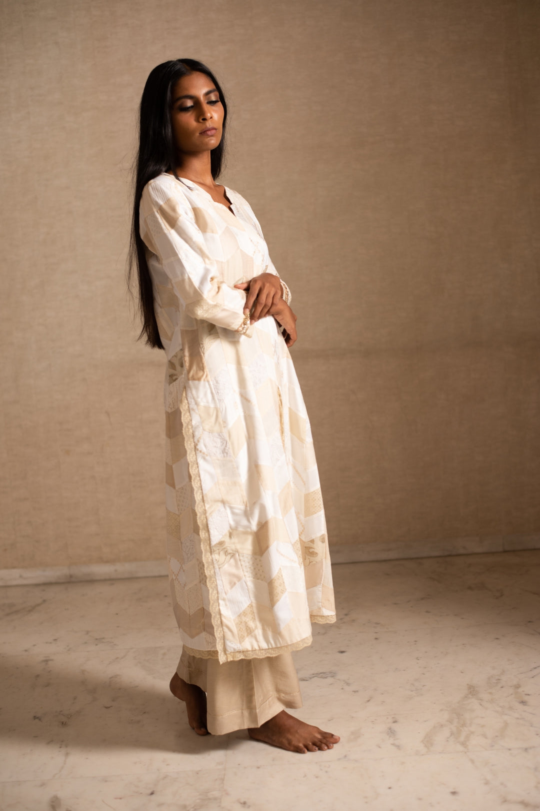 Adia & Benaj - Ivory Upcycled Patchwork Kurta with Silk Palazzo