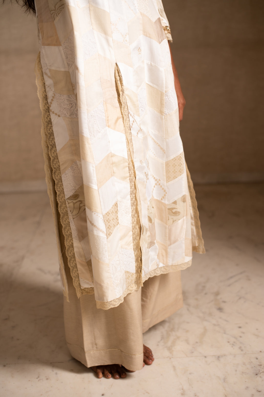 Adia & Benaj - Ivory Upcycled Patchwork Kurta with Silk Palazzo