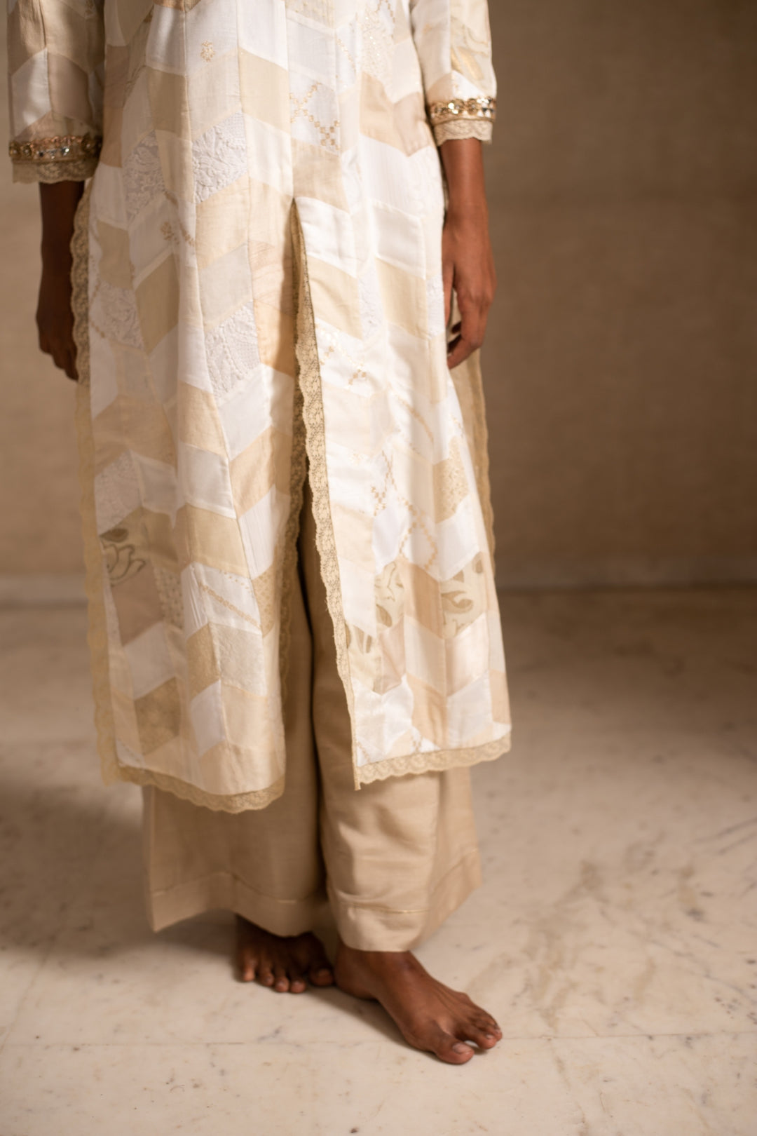 Adia & Benaj - Ivory Upcycled Patchwork Kurta with Silk Palazzo