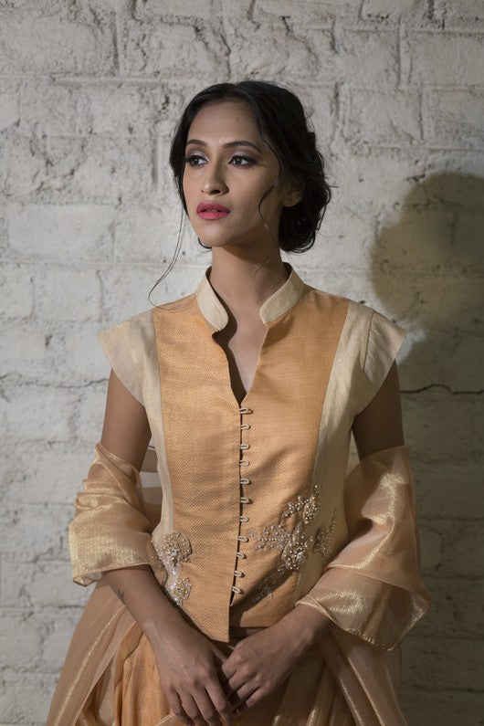 Zaha-  Peach Silk Tissue Brocade Lehenga