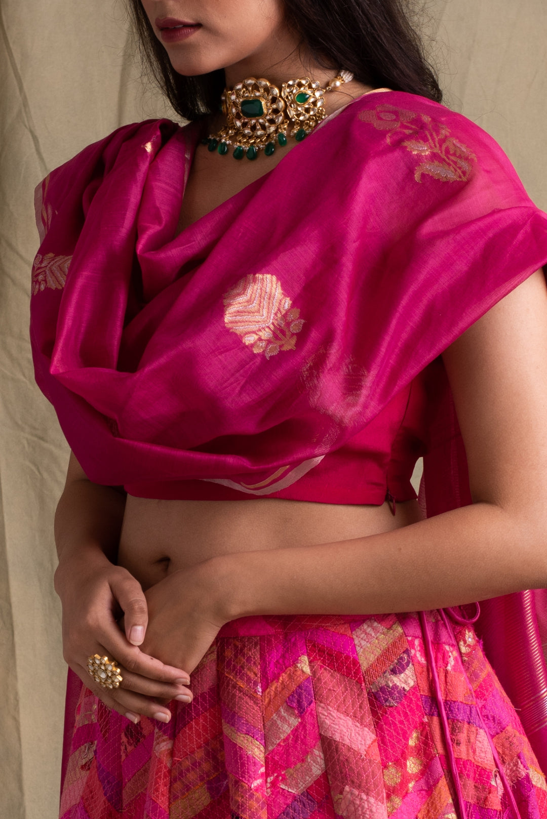 Misha- Pink Silk Chanderi Upcycled Patchwork Dupatta