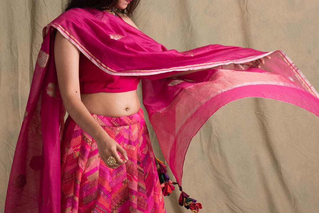 Misha- Pink Silk Chanderi Upcycled Patchwork Dupatta