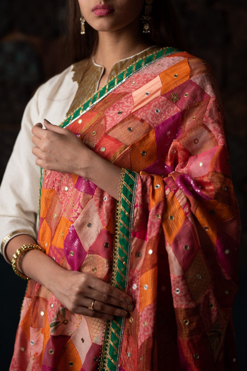 Ura- Pink and Orange Upcycled Patchwork Dupatta