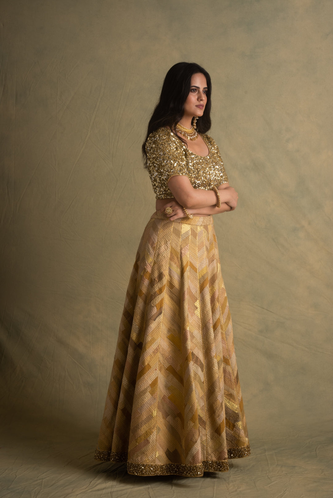 Rumra, Rika & Keerat- Beige Gold Upcycled Patchwork Lehenga