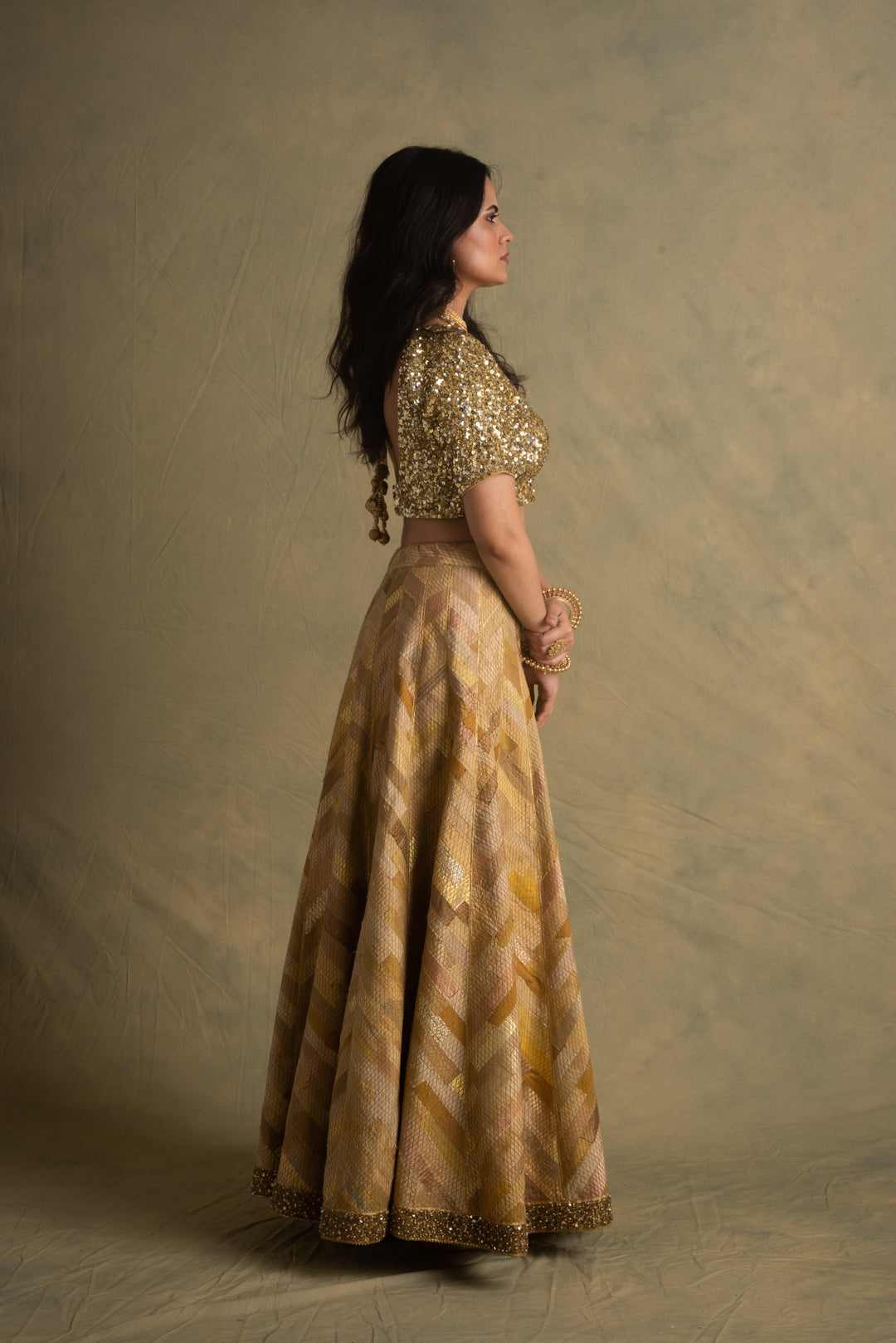 Rumra, Rika & Keerat- Beige Gold Upcycled Patchwork Lehenga