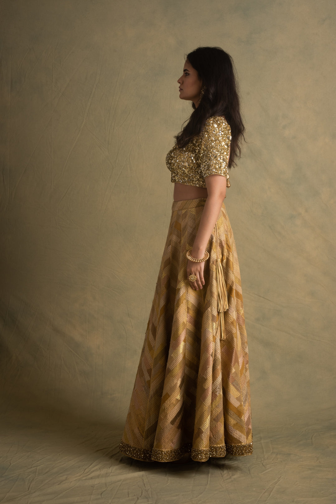 Rumra, Rika & Keerat- Beige Gold Upcycled Patchwork Lehenga