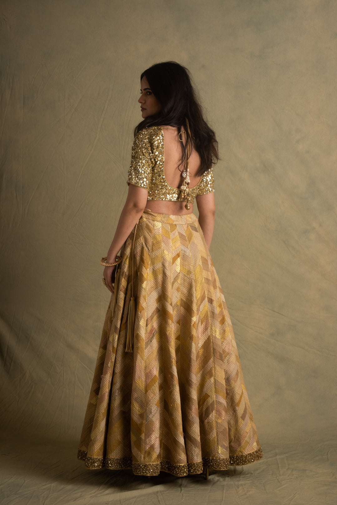 Rumra, Rika & Keerat- Beige Gold Upcycled Patchwork Lehenga