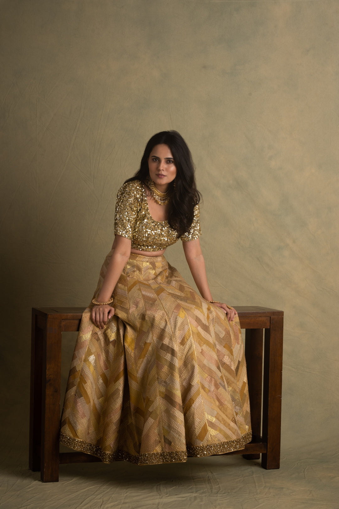 Rumra, Rika & Keerat- Beige Gold Upcycled Patchwork Lehenga