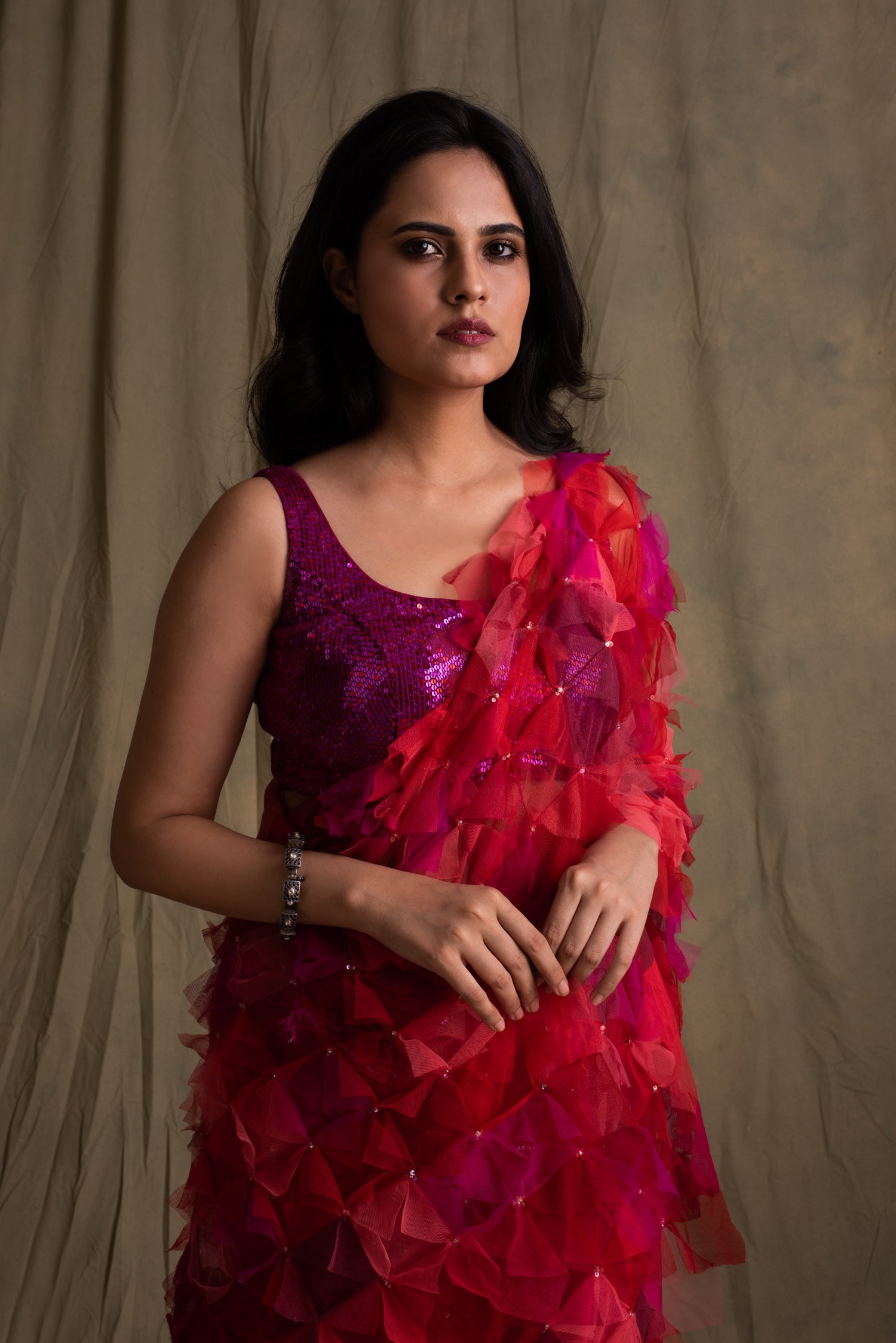 Pihu- Pink and Red Silk Chiffon Upcycled Saree