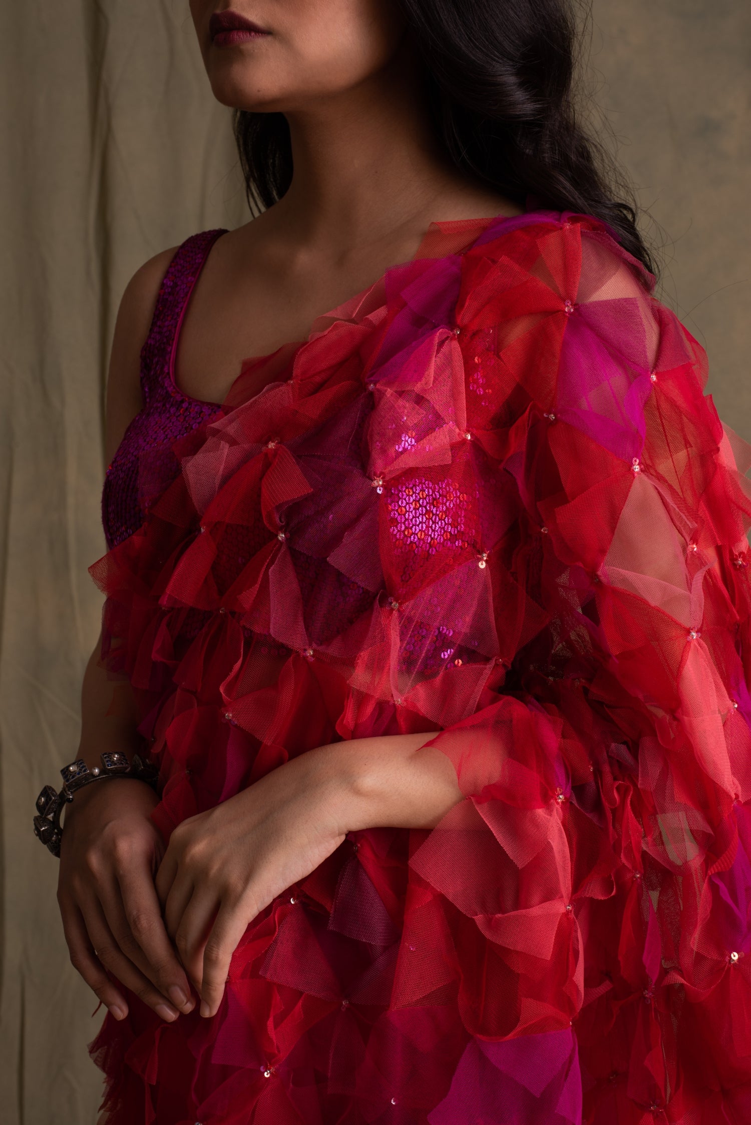 Pihu- Pink and Red Silk Chiffon Upcycled Saree