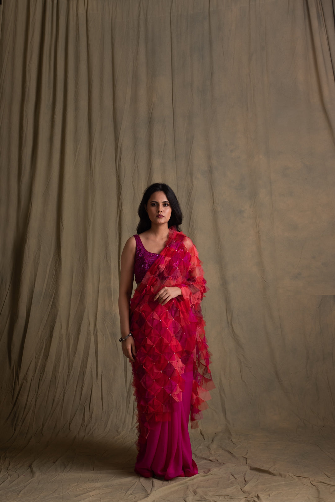 Pihu- Pink and Red Silk Chiffon Upcycled Saree