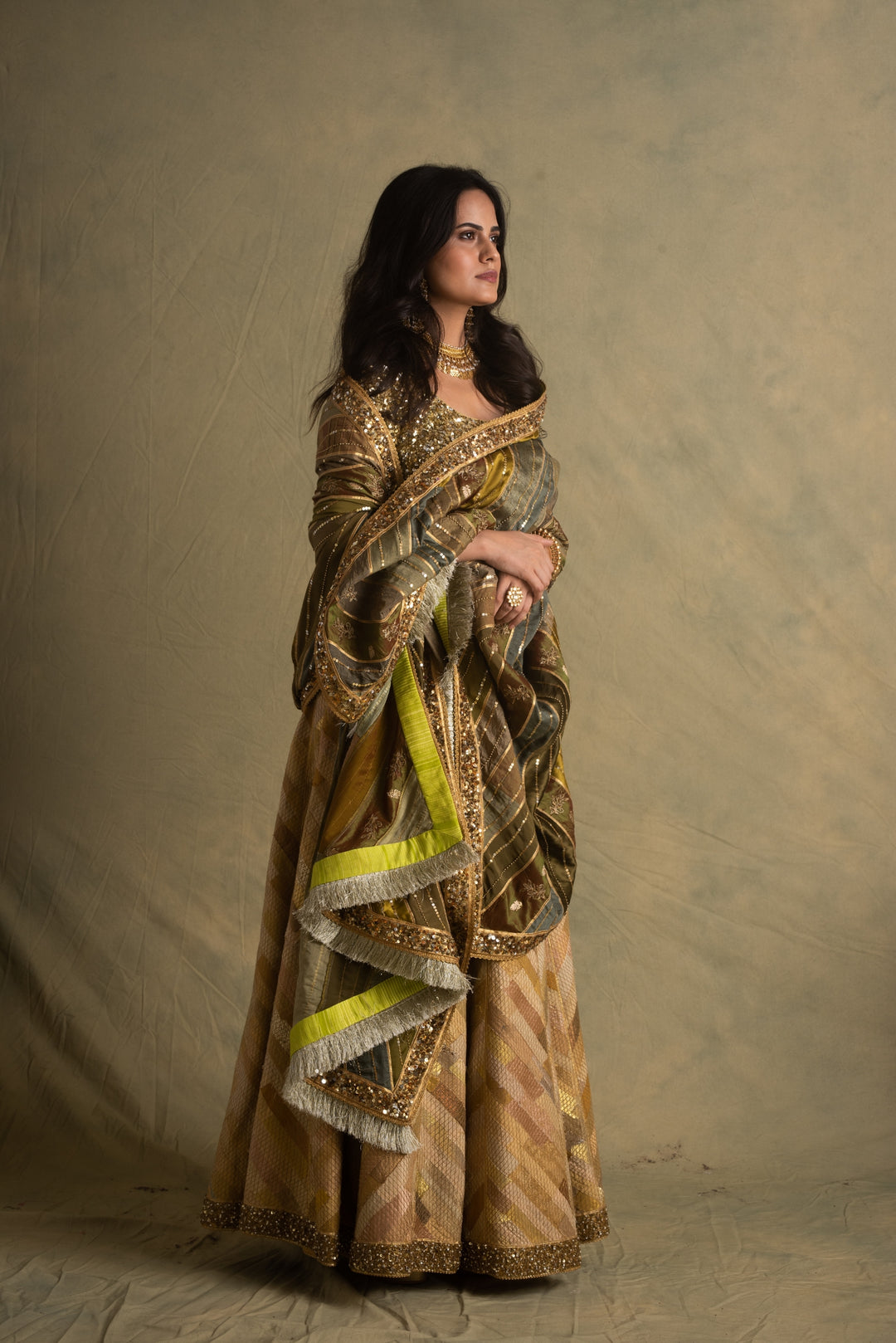 Rumra, Rika & Keerat- Beige Gold Upcycled Patchwork Lehenga