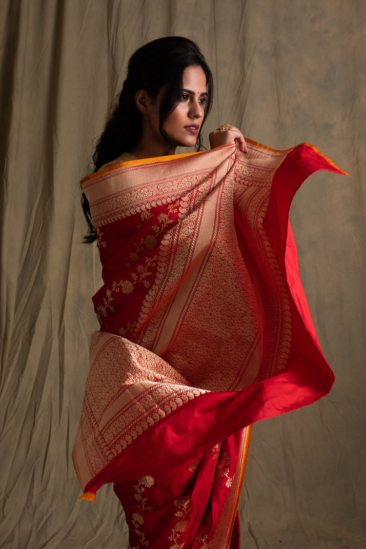 Deepal- Red Silk Brocade Banarasi Saree